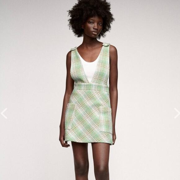 Zara Plaid Pinafore Tweed Dress Pastel Green White Overall Mini size Small - Picture 3 of 15